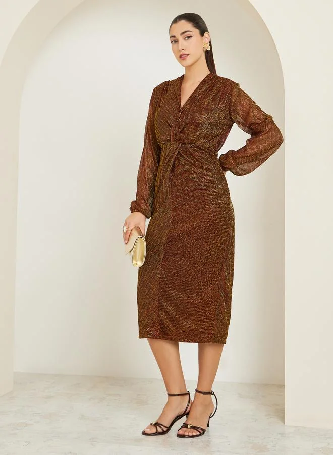 Styli Brown Plisse Textured Long Sleeve Midi Dress